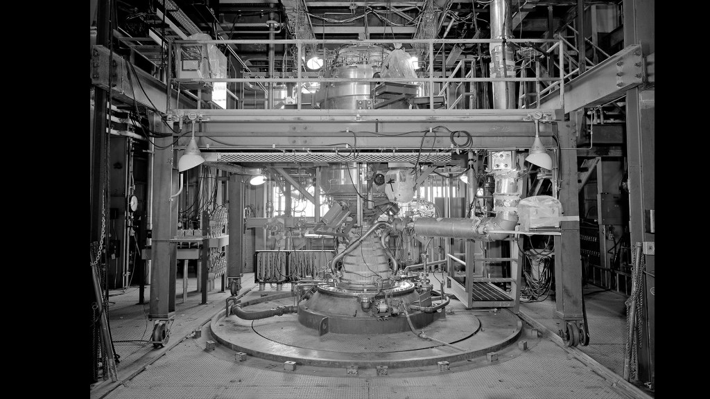 Rocket engine in test stand.
