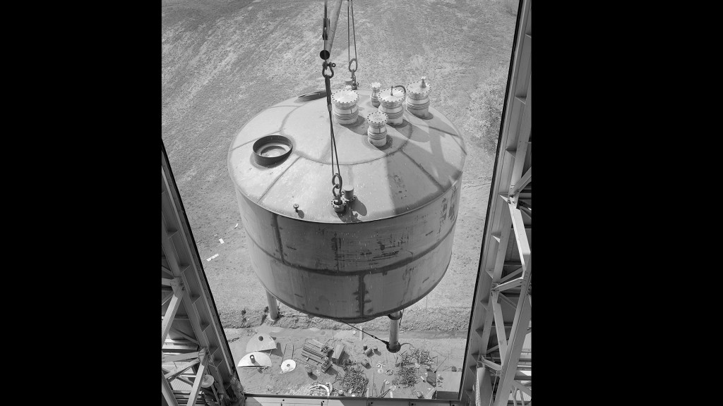View from above as crane lifts test article into B-3