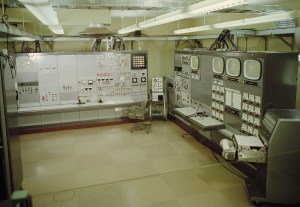 Control panels for the B-1 test stand inside the B Control and Data Building