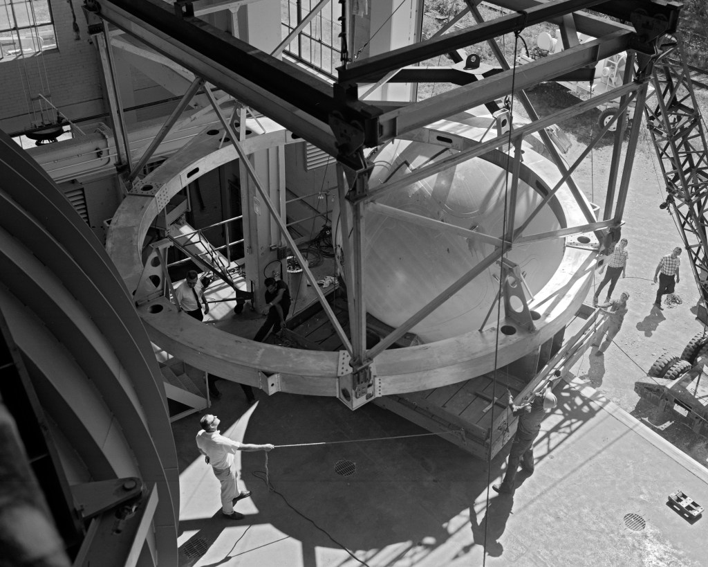 Plum Brook staff bring a 13-foot propellant tank into K Site