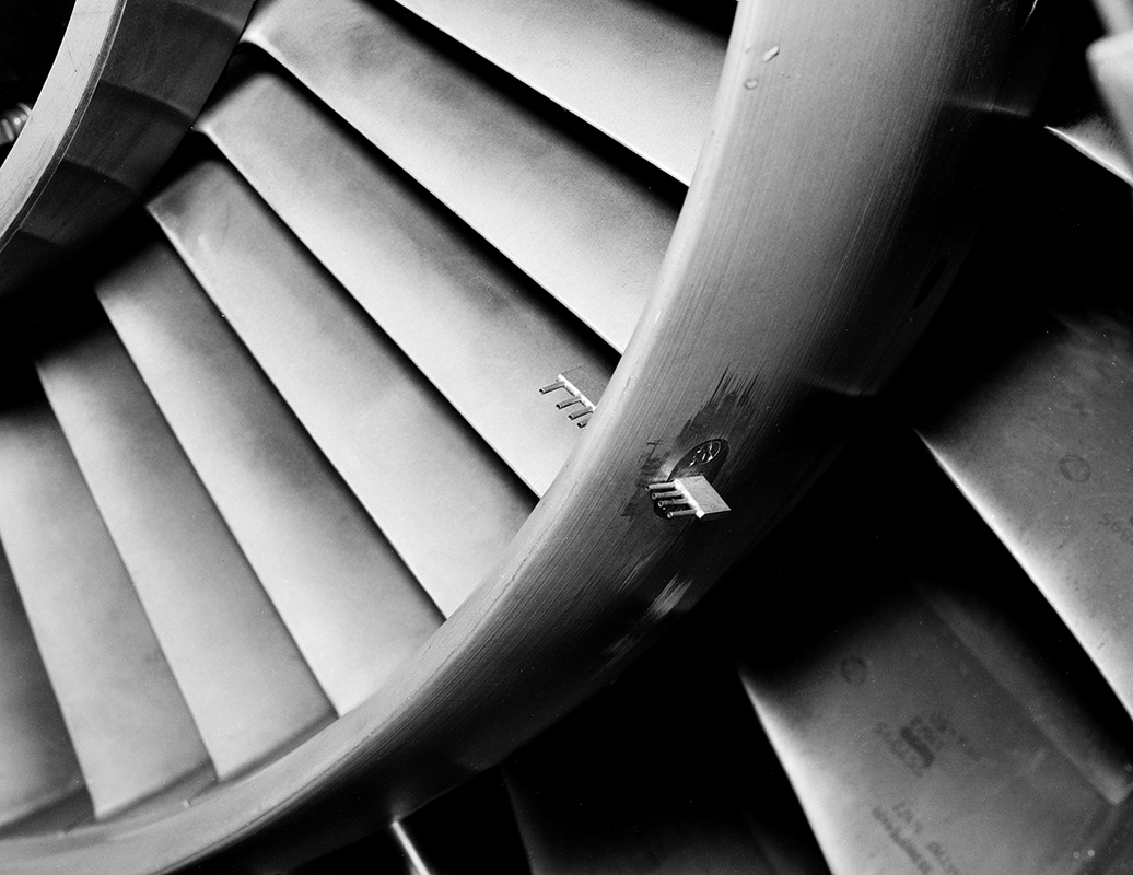Close-up of instrumentation on stator blade.