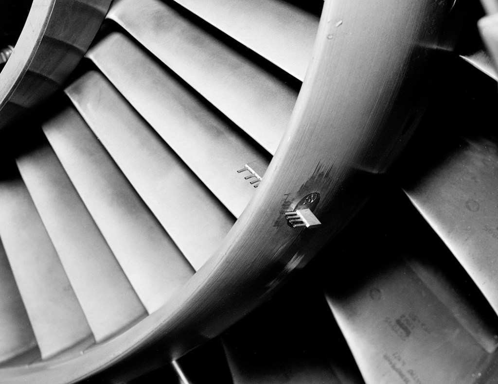 Close-up of instrumentation on stator blade.