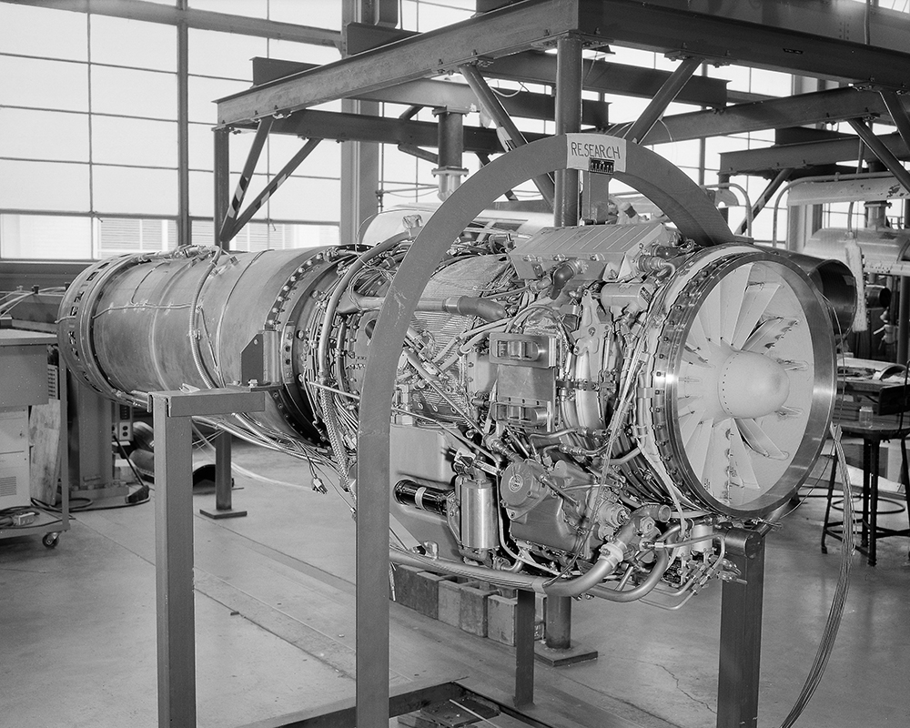 Aircraft engine on test stand.