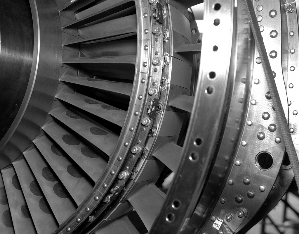 Close-up of engine stator blades