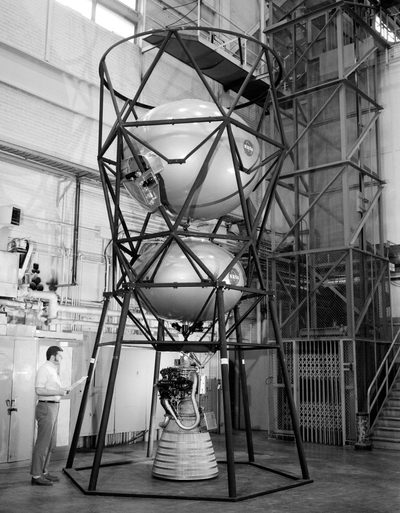 Research Propulsion Module standing vertically in high bay