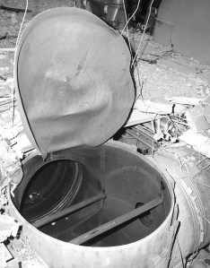 Close-up of the 96-inch-diameter header that failed in the PSL Equipment Building explosion.