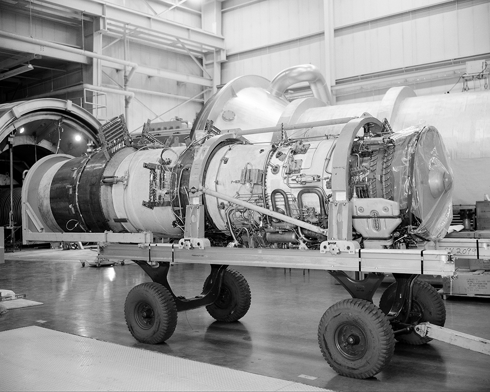 Aircraft engine on cart.