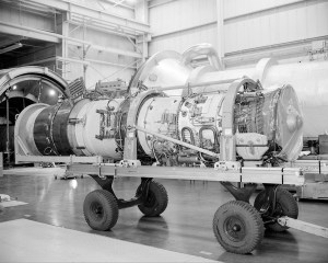 Aircraft engine on cart.