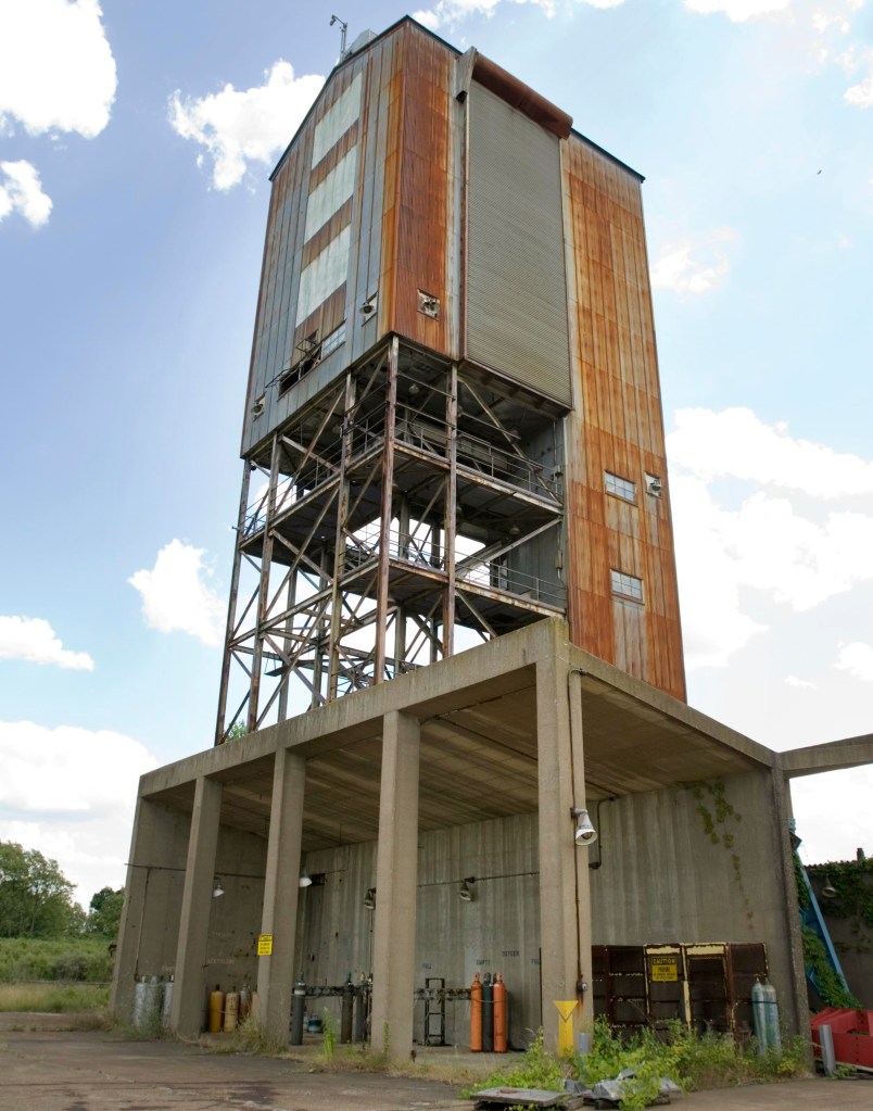 View up at rusting B-3 stand