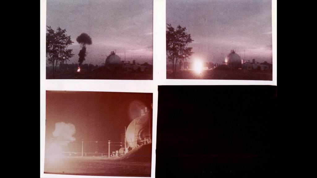 Four photographs of fiery reaction from spill test