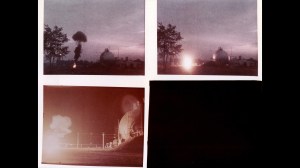 Four photographs of fiery reaction from spill test