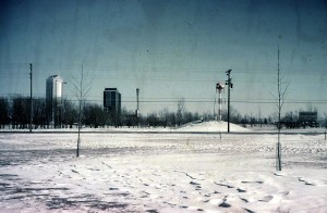 View across field at B-1 and B-3 stands.