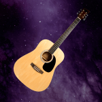 An acoustic guitar on a purple galaxy background.