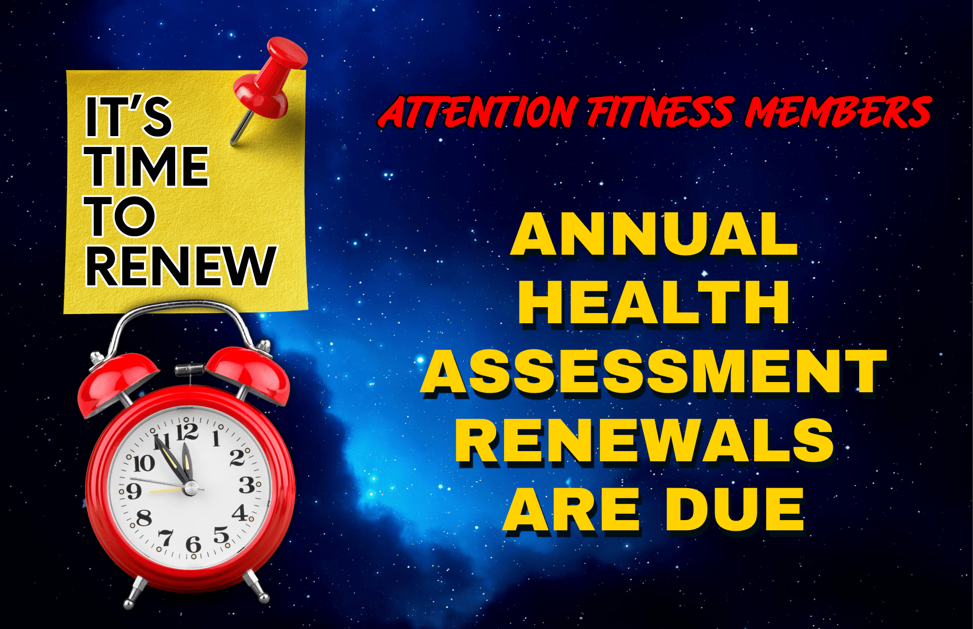 An alarm clock and a yellow note that says, 'It's time to renew.'