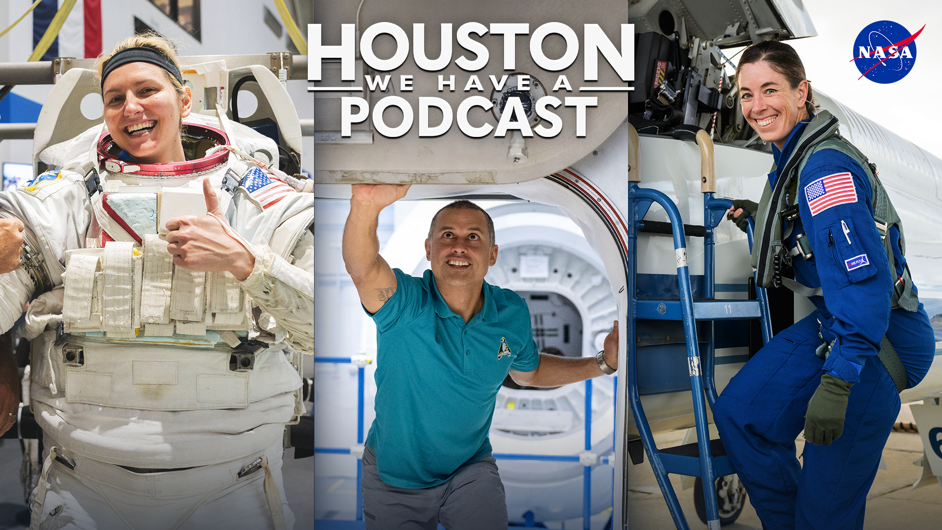 HWHAP Ep. 392. NASA Astronauts Deniz Burnham, Anil Menon, and Chris Birch during astronaut training activities at Johnson Space Center.