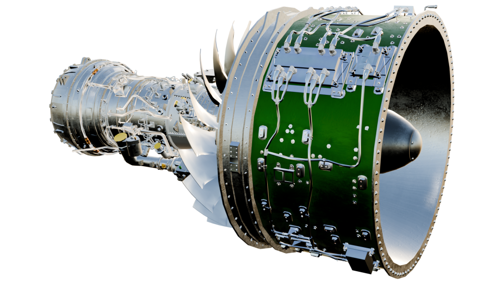 A 3D rendered model of a cylindrical metal core floats in a blank white background.  The core has green detailing, sharp blades, and a smaller cylindrical piece attached at the end.