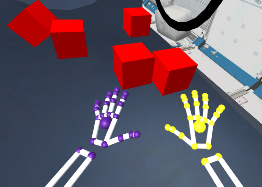 Two purple and yellow robotic-like hands reach towards red cubes floating in space.