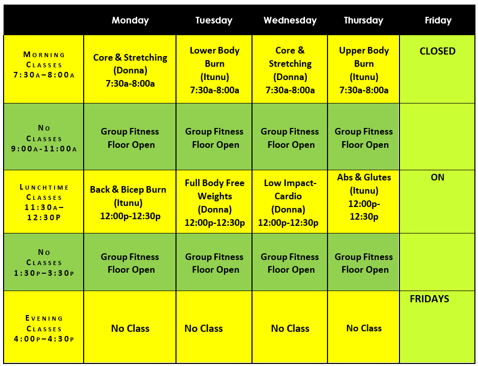 Weekly class schedule for Greenbelt fitness center