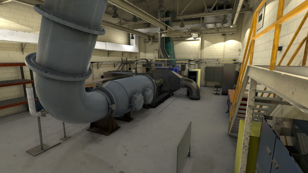 A massive grey pipe sits in the middle of a beige brick facility room. Stairs, shelving, and drawers line the walls of the facility.