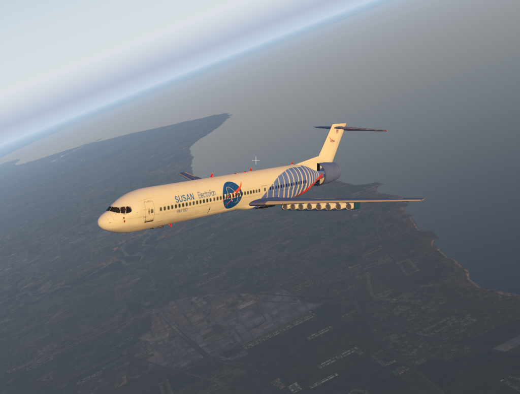 A white, commercial aircraft (SUSAN) plane flies over Earth's surface below.