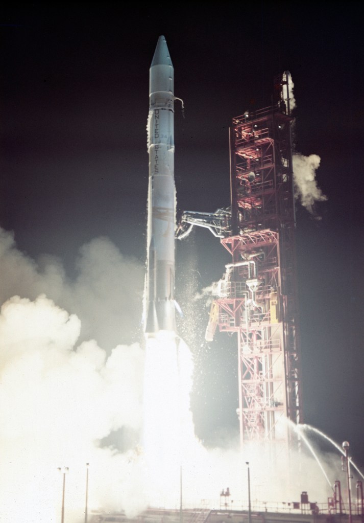 Nighttime launch of the Atlas-Centaur carrying the Mariner X