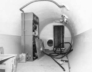 Interior of tubular tank with equipment inside