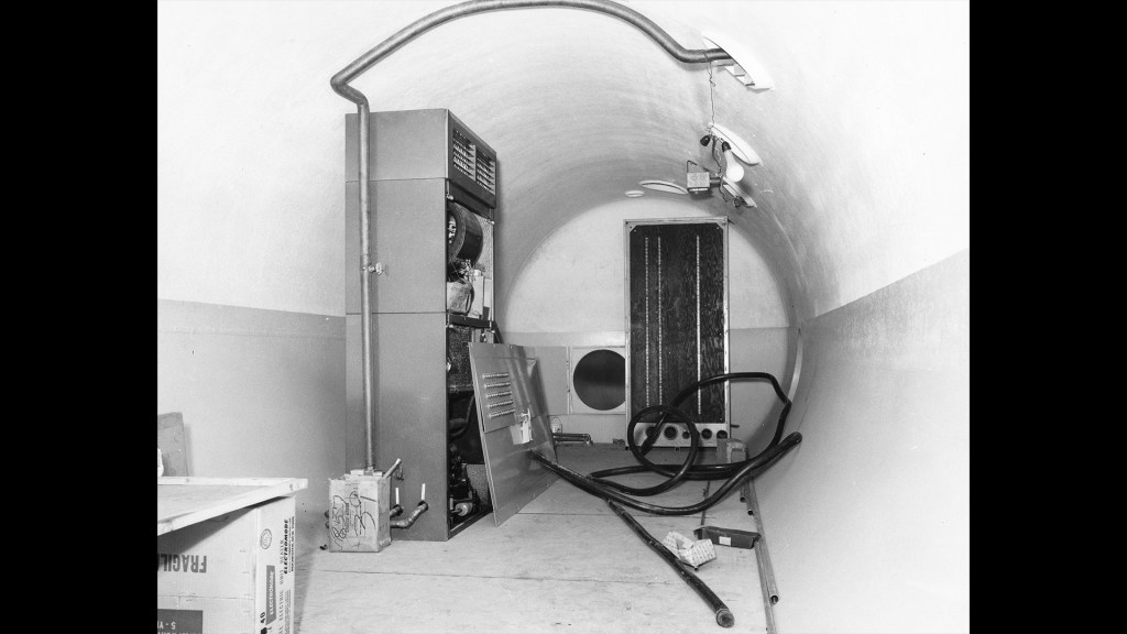 Interior of tubular tank with equipment inside