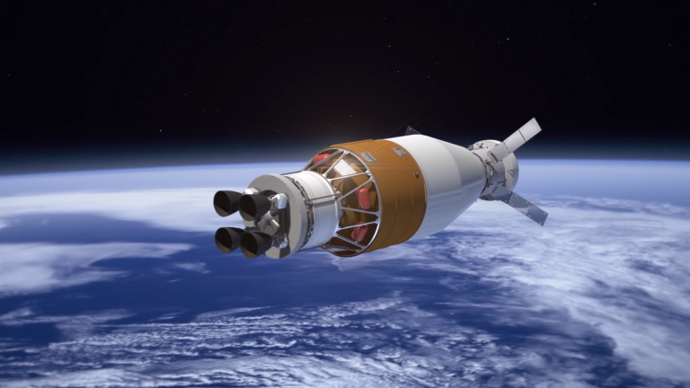 A video still showing a rendering of an Exploration Upper Stage in Flight.