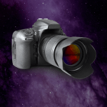 A camera on a purple galaxy background.