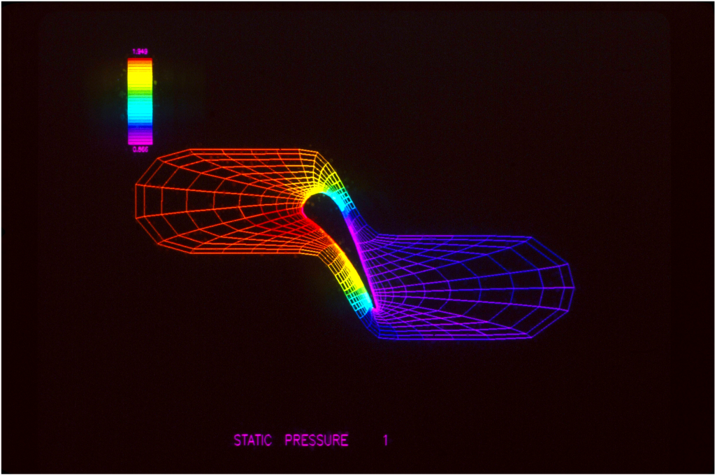 A virtual visualization shows two half circle, the first up higher than the second, joining in the center through a rectangular shape.  The entire object contains lines that resemble netting.  The text at the bottom reads "Static Pressure".