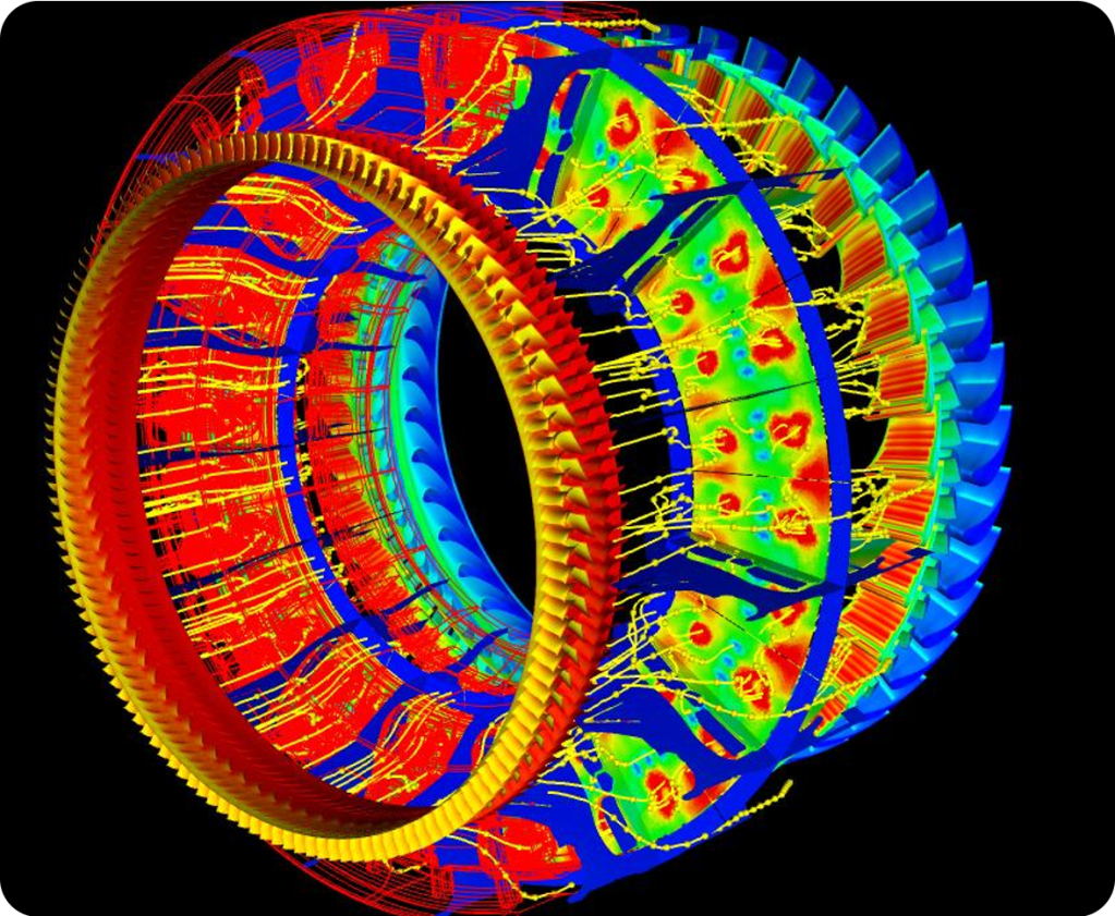 This 3D model shows a large cone shaped object with a hole in the middle.  The object is brightly colored with vibrant greens, blues, oranges, and reds.