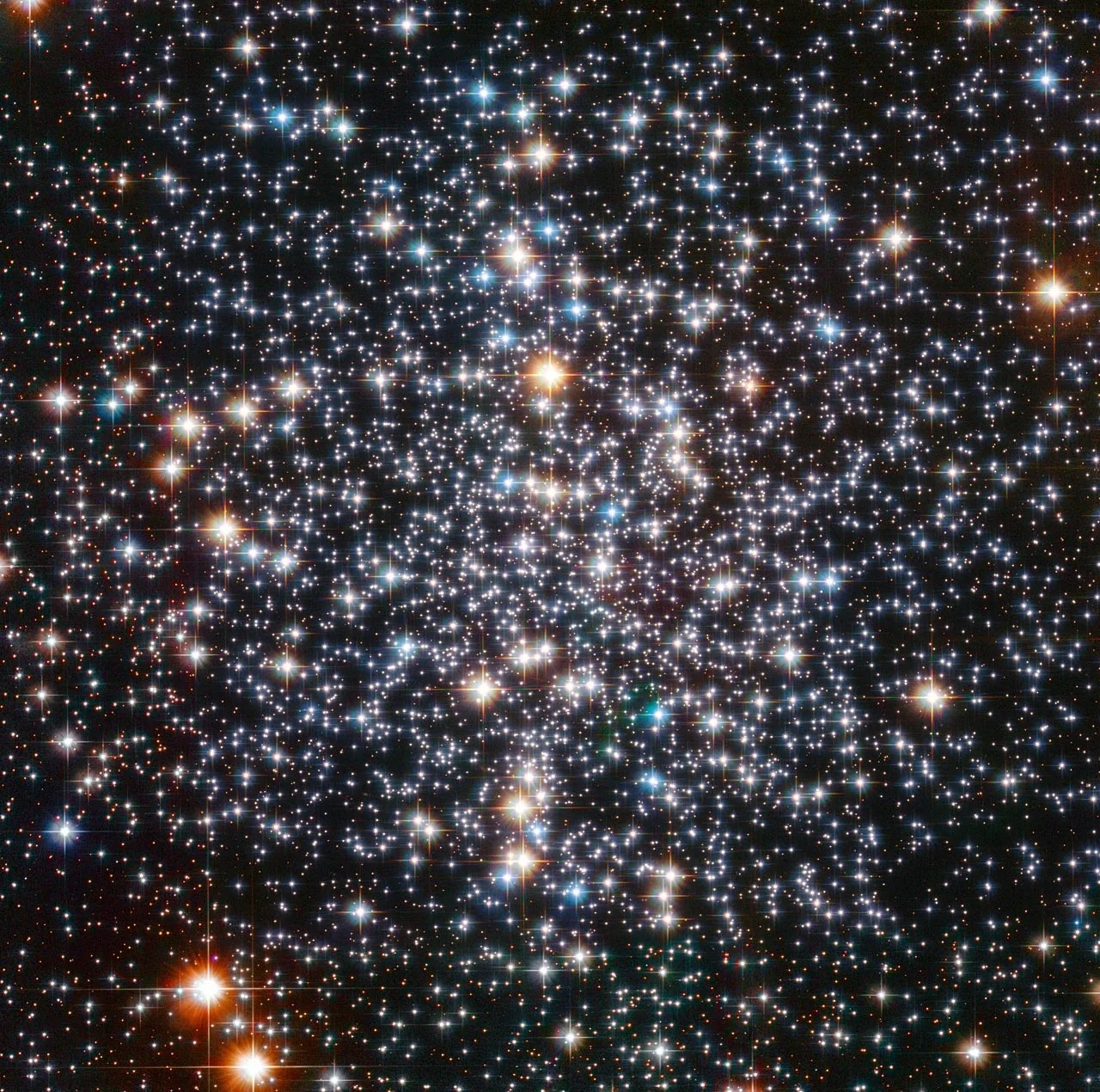 This sparkling picture taken by the NASA/ESA Hubble Space Telescope shows the center of globular cluster Messier 4. The power of Hubble has resolved the cluster into a multitude of glowing orbs, each a colossal nuclear furnace. It contains several tens of thousand stars and is noteworthy in being home to many white dwarfs — the cores of ancient, dying stars whose outer layers have drifted away into space. In July 2003, Hubble helped make the astounding discovery of a planet called PSR B1620-26 b, 2.5 times the mass of Jupiter, which is located in this cluster. Its age is estimated to be around 13 billion years — almost three times as old as the Solar System! It is also unusual in that it orbits a binary system of a white dwarf and a pulsar (a type of neutron star).