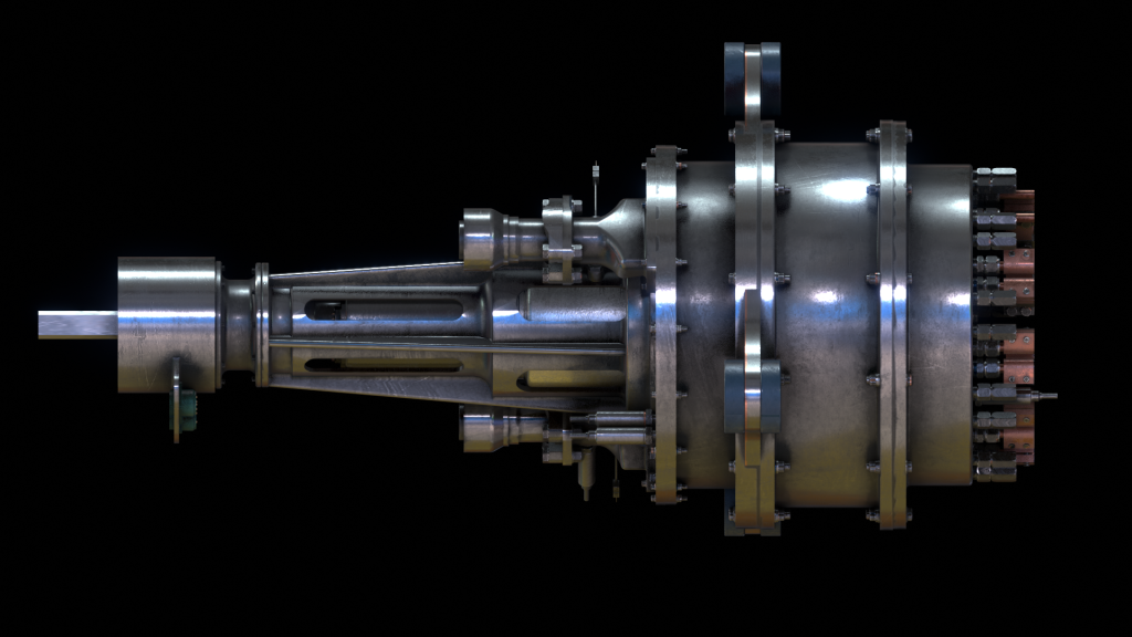 A 3D rendering of a metal cone-shaped engine floats in a pitch black background.
