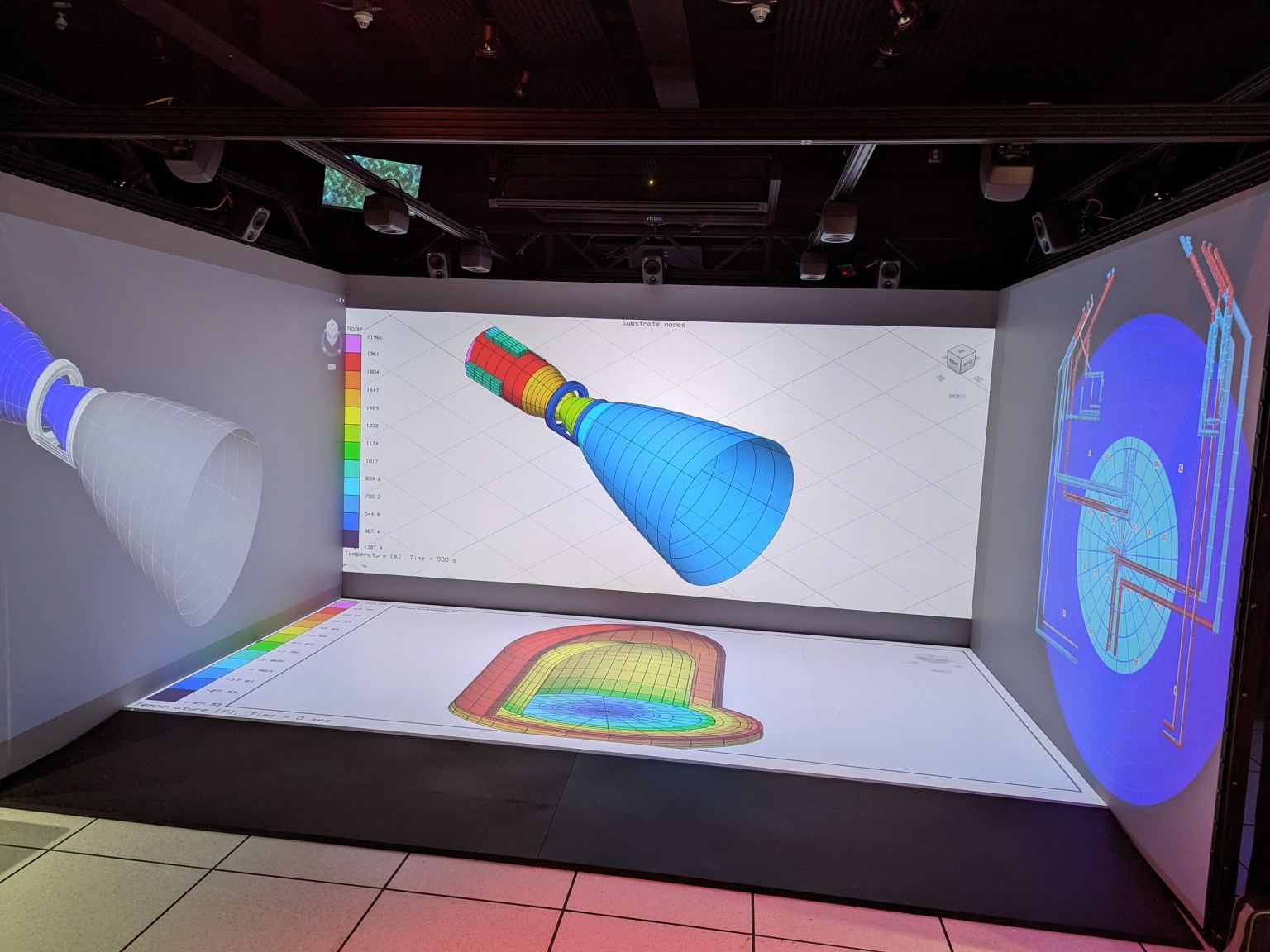 A bright, colorful, cone-like shape is viewed in a CAVE environment. The three side walls and floor are all screens and display this vibrant visualization.