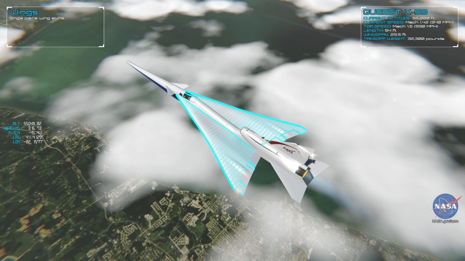 Visualization of the X-59 supersonic plane being developed for the QueSST mission.