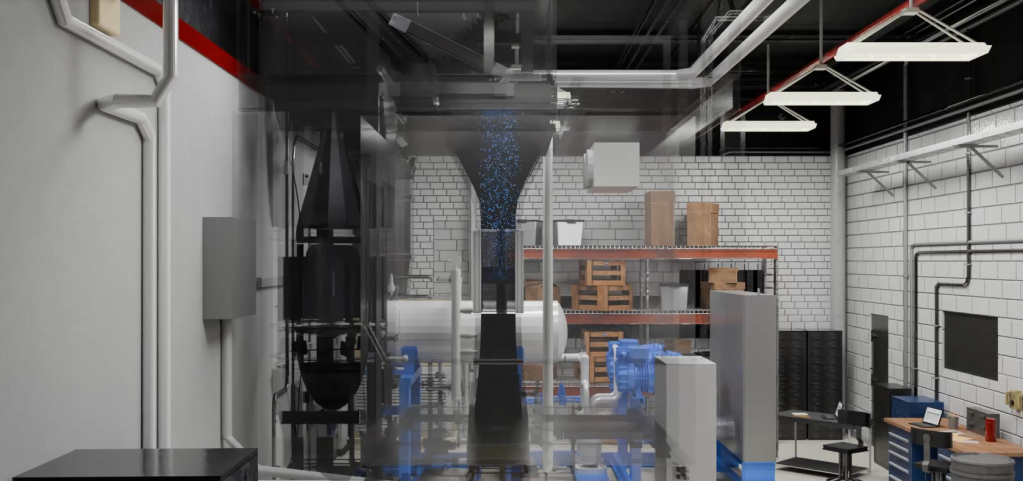 A 3D rendered image of a white, brick, windowless facility room contains pipes in the center of the room.  A large, funnel-shaped pipe flows water into the pipe to its left.  Shelving, cabinets, and other equipment line crowd the rest of the facility.