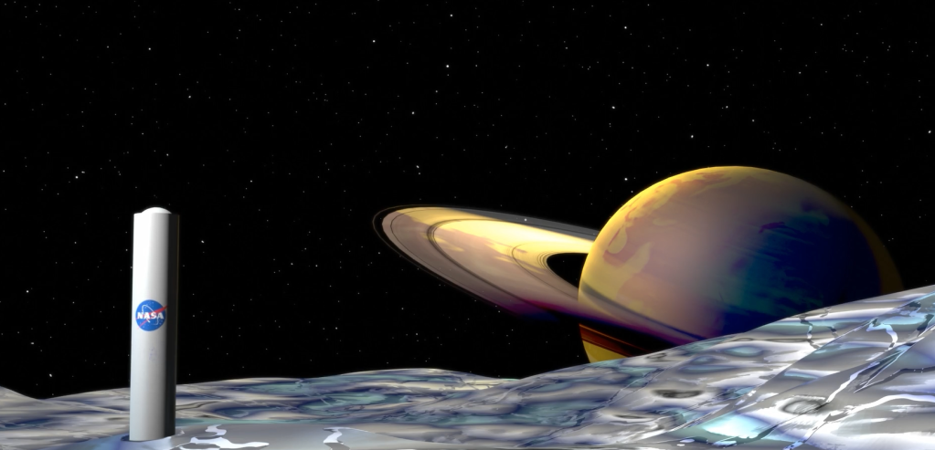 A 3D rendering of a tall, skinny, cylindrical robot sits on the rocky surface of Enceladus, a moon of Saturn.  The background behind the robot is pure black with part of Saturn showing to the right.