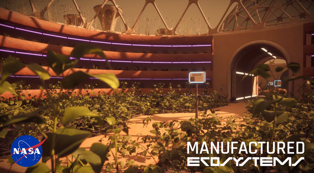 A warmly lit 3D rendering of the Manufactured Ecosystems Mars Habitat contains large immovable walls, an archway on the right, and various types of plants growing on the sandy surface within the walls.  The text in the bottom right of the image reads: "Manufactured Ecosystems".