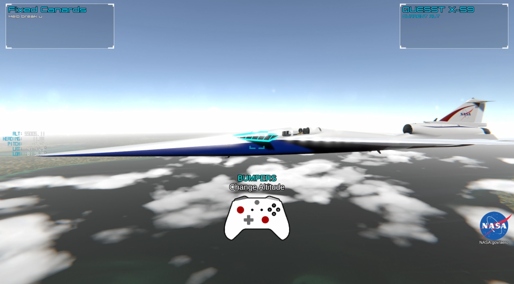 A sleek, white plane with blue detailing flies over the clouds and Earth's surface below.