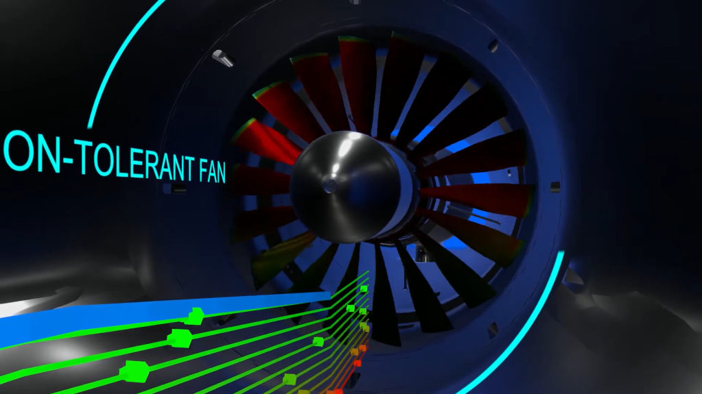 A black fan with blue highlights draws in air represented by bright blue and green lines.
