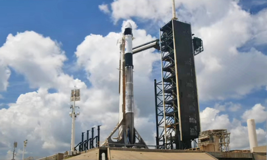 A SpaceX Falcon 9 rocket with the company’s Dragon spacecraft on top is seen on the launch pad at Launch Complex 39A at NASA’s Kennedy Space Center in Florida on Thursday, July 31, 2025, ahead of the agency’s SpaceX Crew-11 launch.