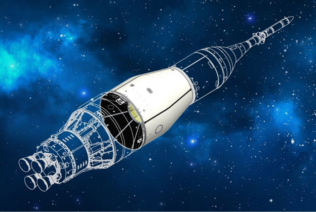 Integrated Spacecraft Payload Element showing Universal Stage Adapter with transparent Orion and EUS