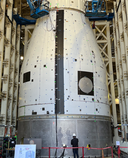 Multi-Purpose Crew Vehicle Simulator being installed on top of USA test article in prep for structural testing