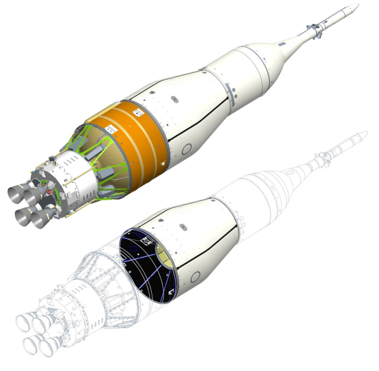 Integrated Spacecraft Payload Element showing Upper Exploration Stage and Universal Stage Adapter.