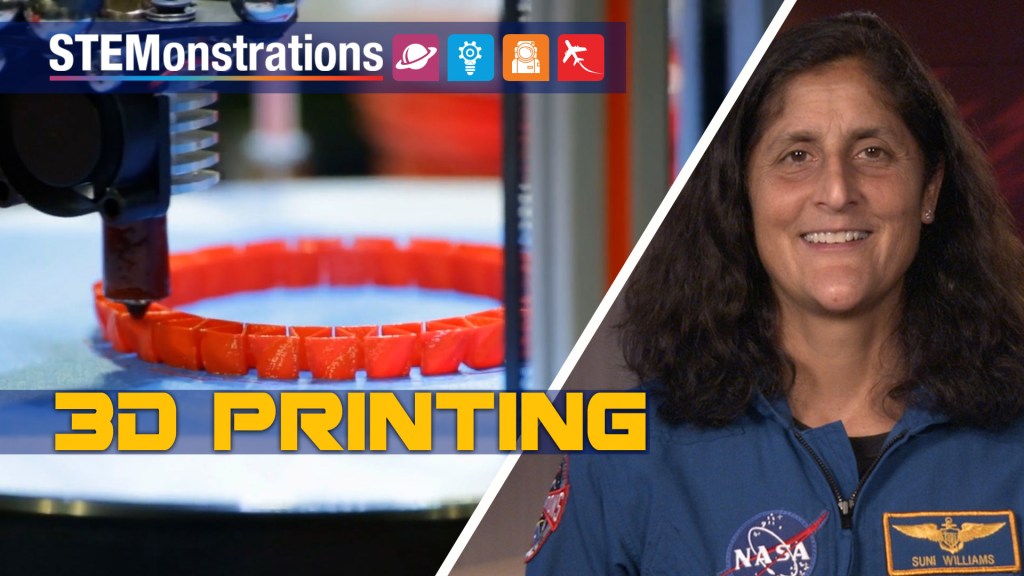 An image of astronaut Sunita Williams with an example of 3D printing
