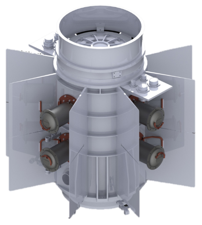 A 3D model of a Stirling generator with four convertors arranged around a central core for space power system applications.