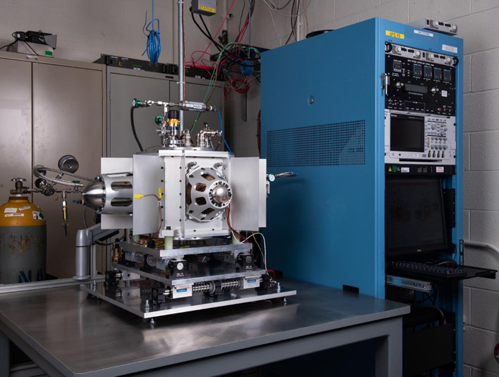 Stirling generator with four convertors mounted on a lab platform, designed for use with a plutonium-238 heat source.