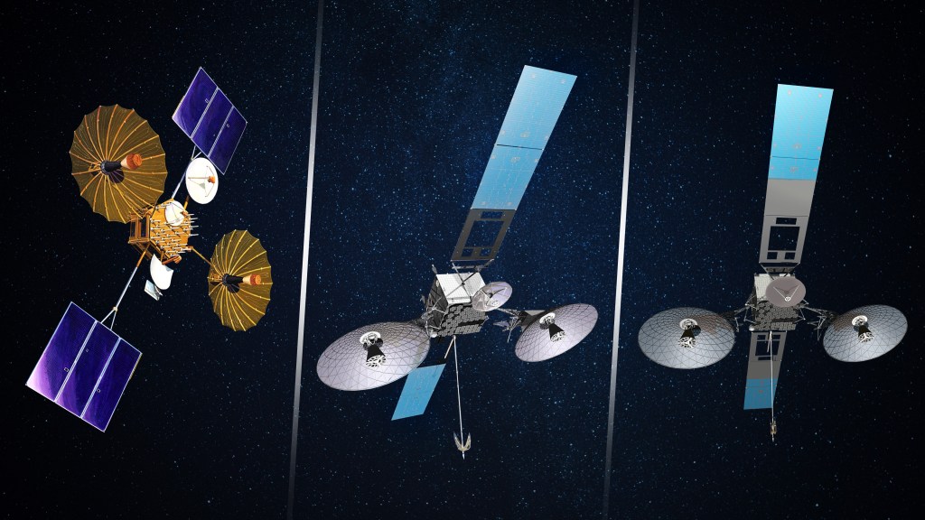 The umbrella-like parabolic antennas on first generation TDRS are covered in 203 square feet of gold-plated mesh and measure over 16 feet in diameter, yet the entire system —including all deployment mechanisms—weigh only 53.5 pounds. This light weight was essential to meeting Space Shuttle payload constraints.