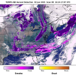 A map of North America shows several wide swaths of purple illustrating smoke in the atmosphere as measured by NASA's TEMPO instrument during wildfires in Manitoba from June 2, 2025.