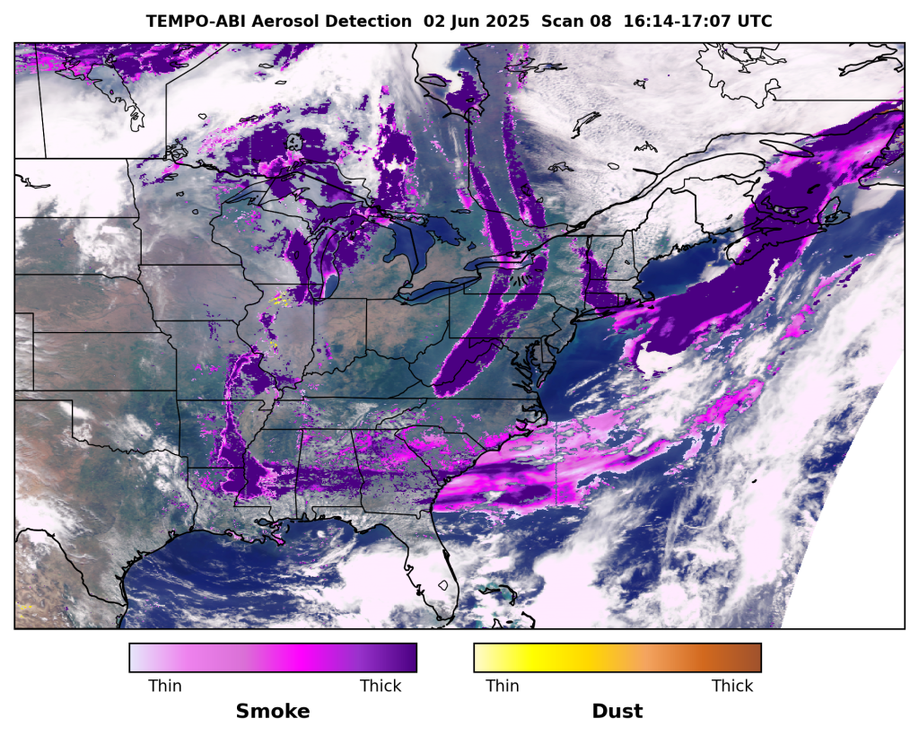 A map of North America shows several wide swaths of purple illustrating smoke in the atmosphere as measured by NASA's TEMPO instrument during wildfires in Manitoba from June 2, 2025.